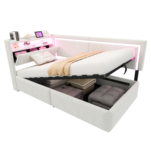 Verhoiltu sänky 90x200, yhden hengen, LED-valoilla ja USB-liitännällä, avattava niskatuki, hydraulinen säilytystila, sametti, beige