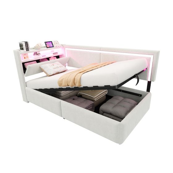 Verhoiltu sänky 90x200, yhden hengen, LED-valoilla ja USB-liitännällä, avattava niskatuki, hydraulinen säilytystila, sametti, beige