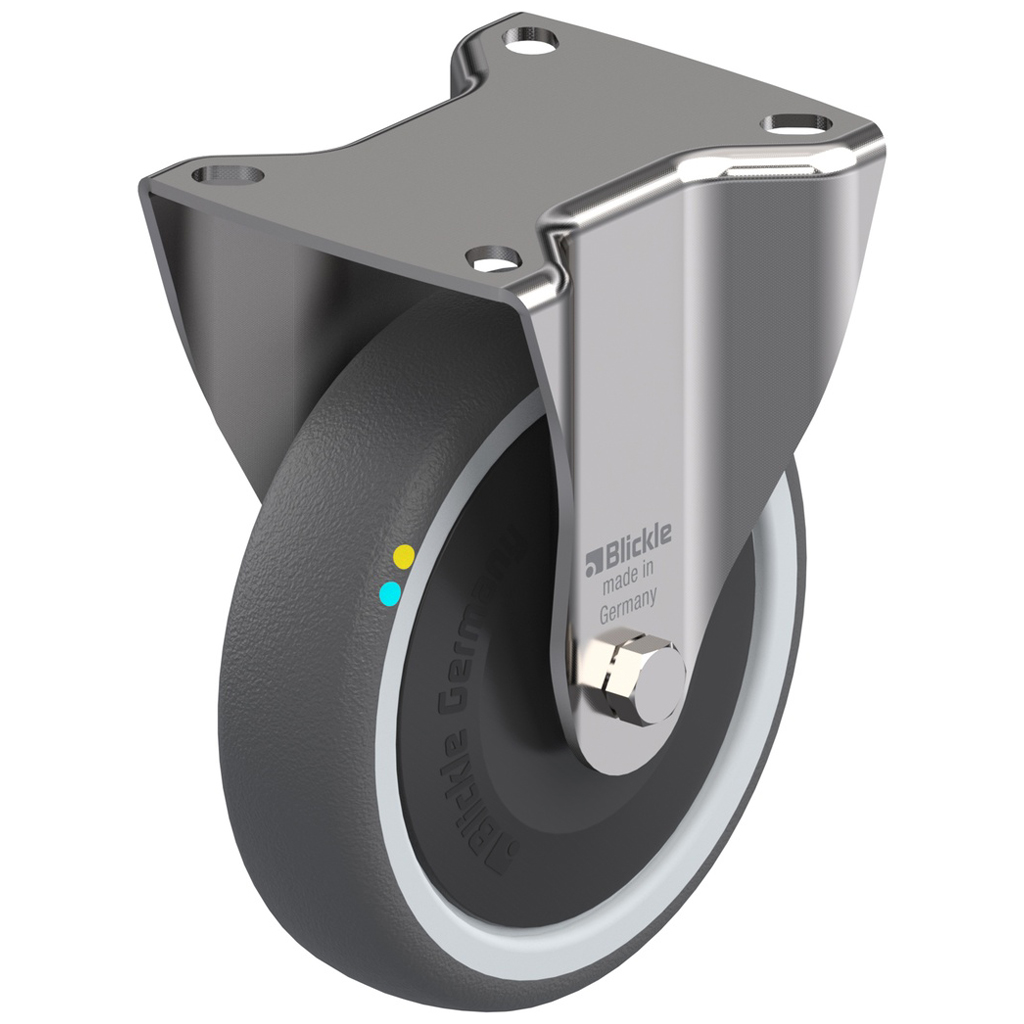 125 mm:n ruostumattomasta teräksestä valmistettu kiinteä pyörä, jossa on harmaa sähköä johtava kestomuovi.