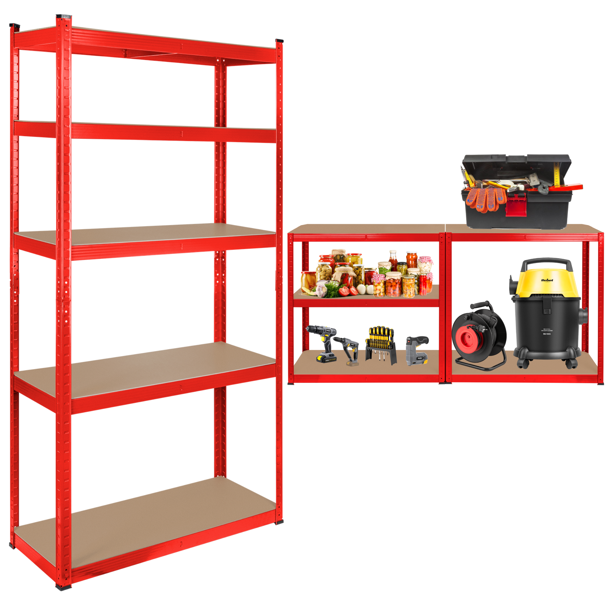 Rebel 2-in-1 metallinen säilytysteline, 5 hyllyä, autotalli, 180x90x40cm, 750kg