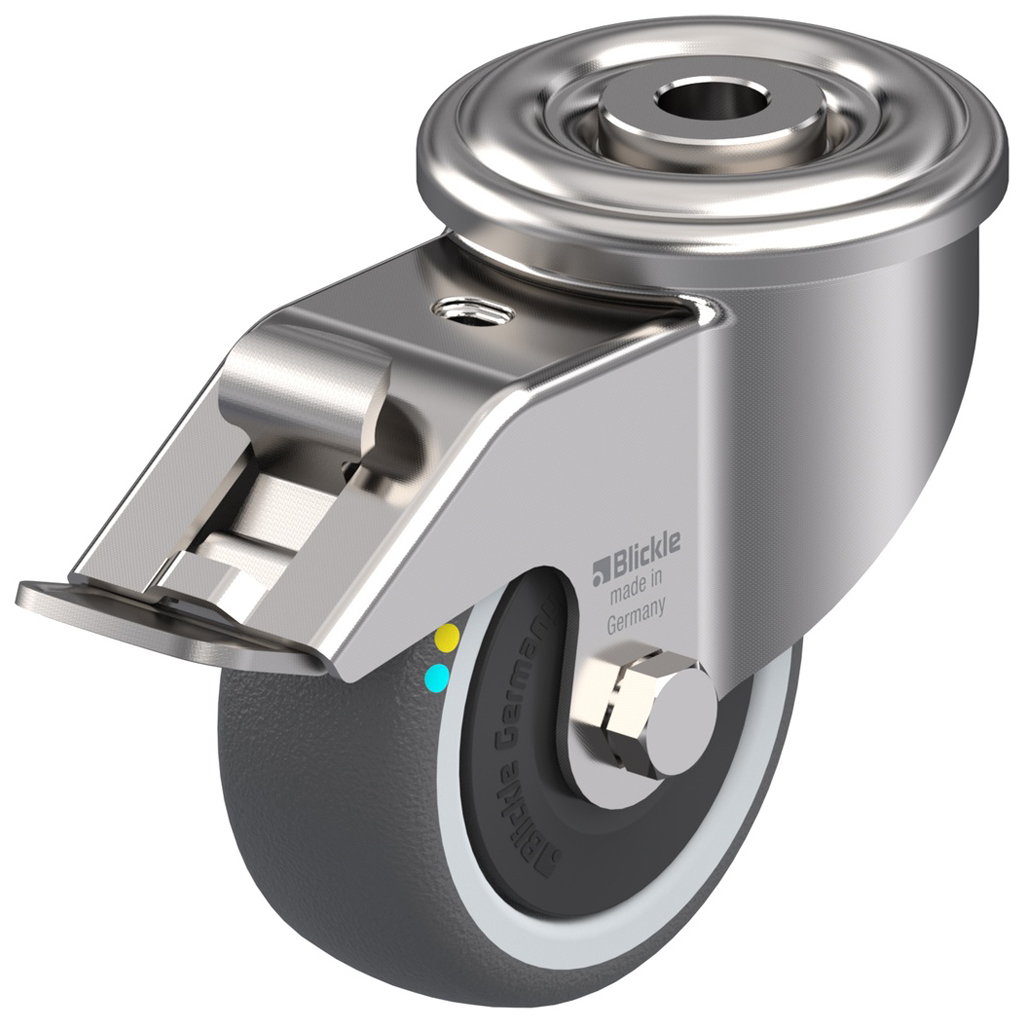 80 mm:n ruostumattomasta teräksestä valmistettu kääntyvä/jarrullinen pyörä, jossa on harmaa sähköä johtava lämpö.