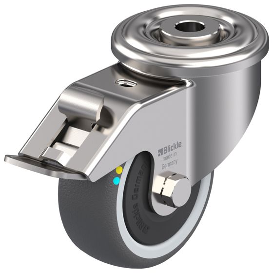 80 mm:n ruostumattomasta teräksestä valmistettu kääntyvä/jarrullinen pyörä, jossa on harmaa sähköä johtava lämpö.