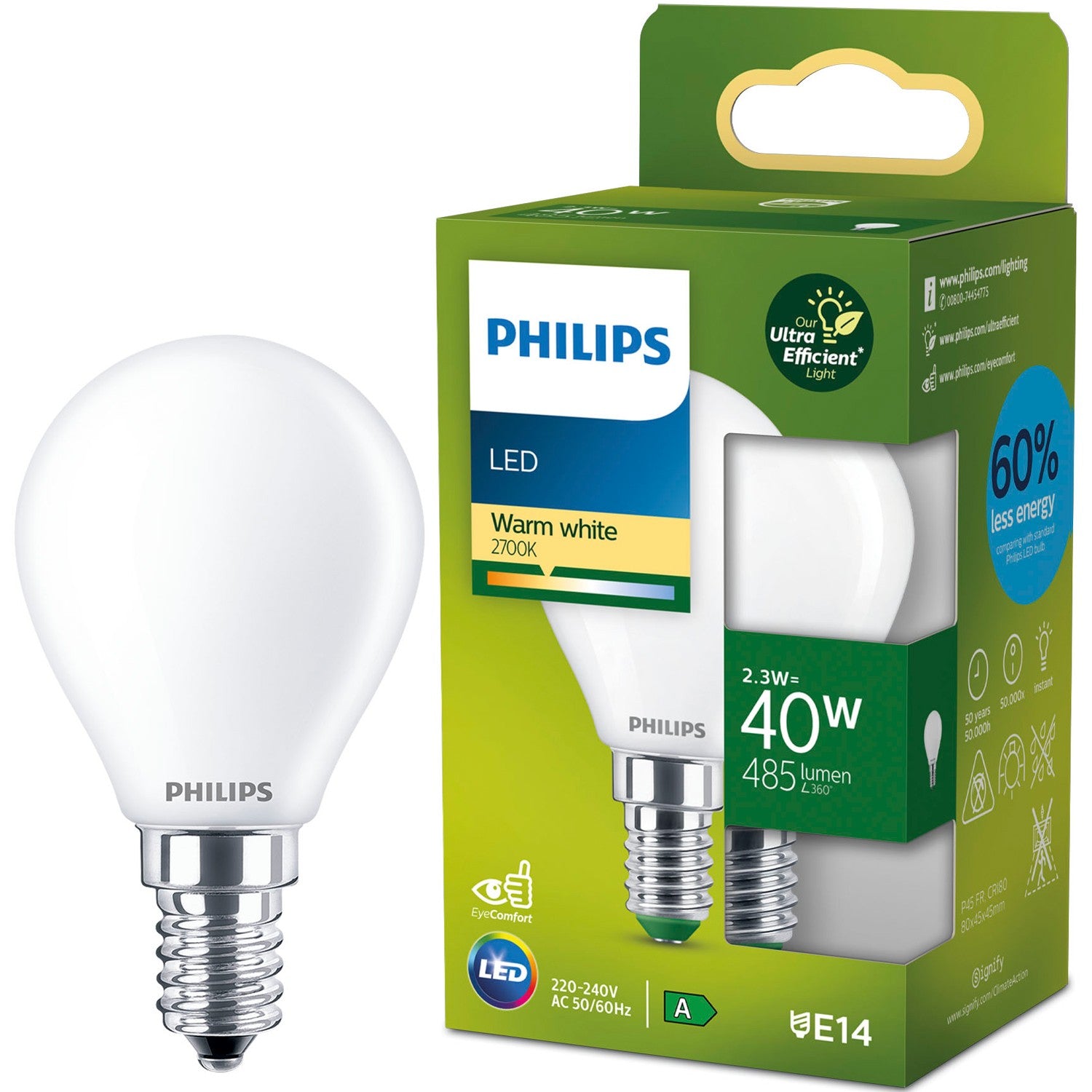 LED E14 Globe P45 2.3W (40W) Huurrettu 485lm 2700K Energialuokka A