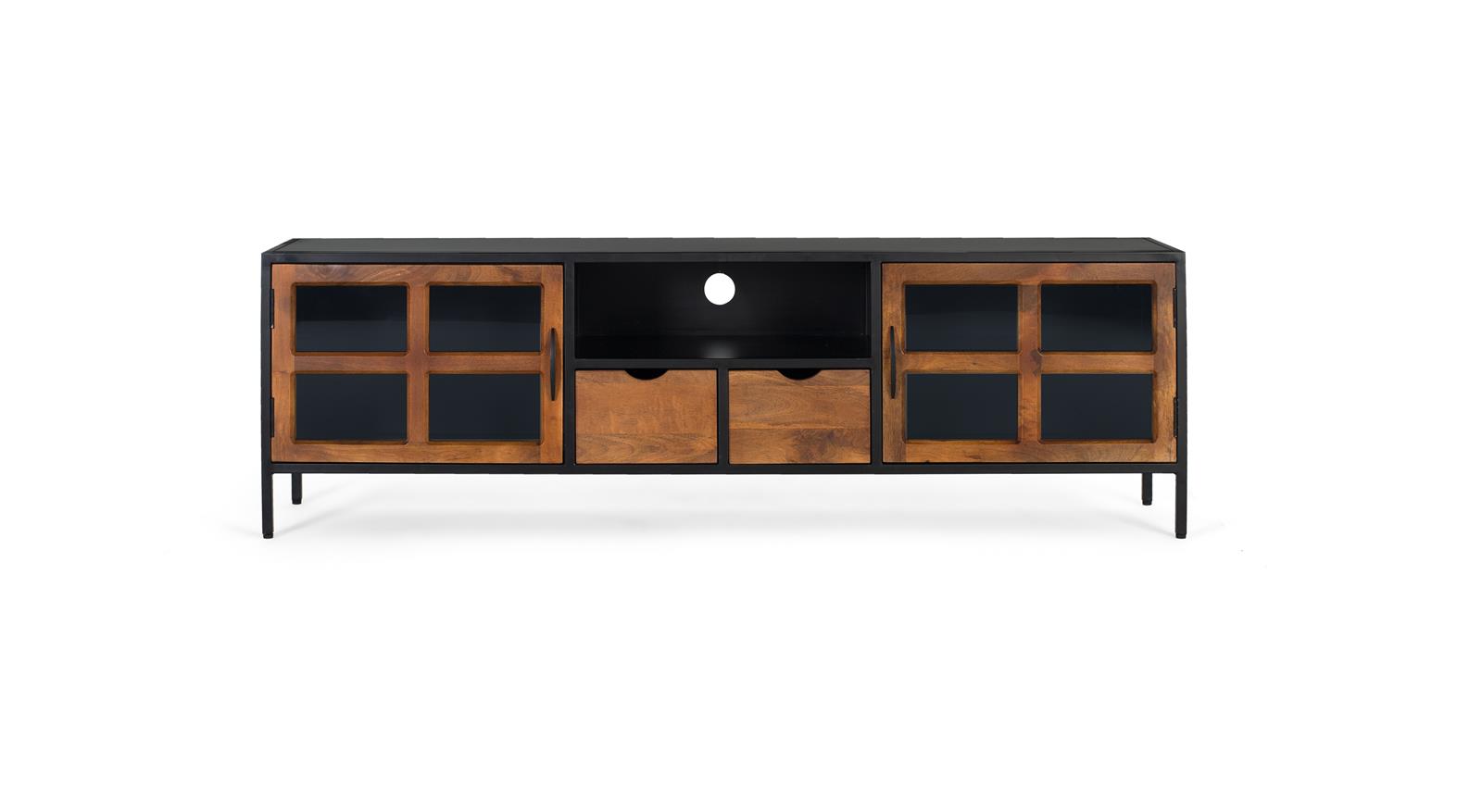 TV-taso, jossa on kaksi ovea ja kaksi laatikkoa, käsintehtyä lasia