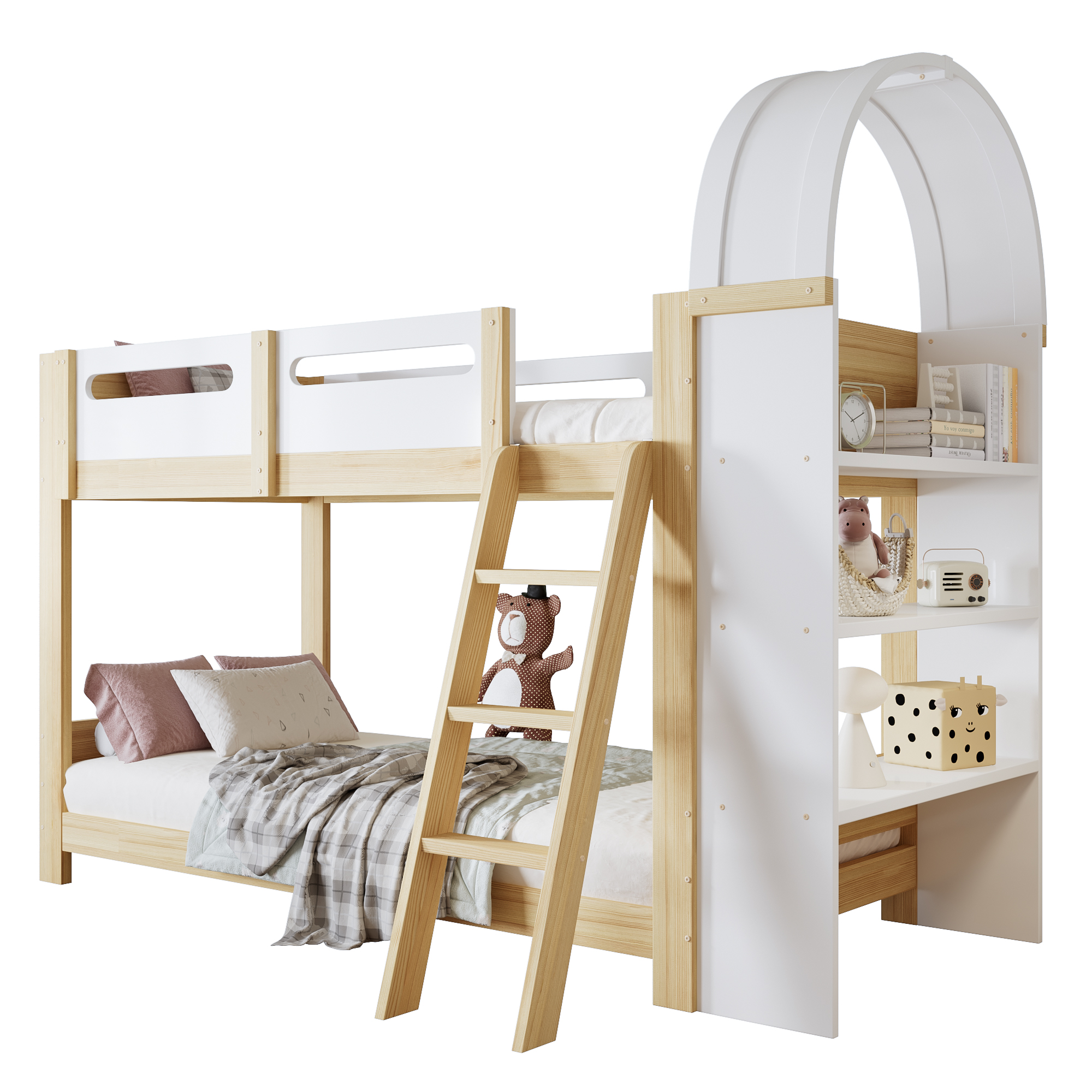 Etagenbett 90x200 cm turva-aidat säädettävä säilytystila valkoinen ja luonnonväriinen puinen ja MDF