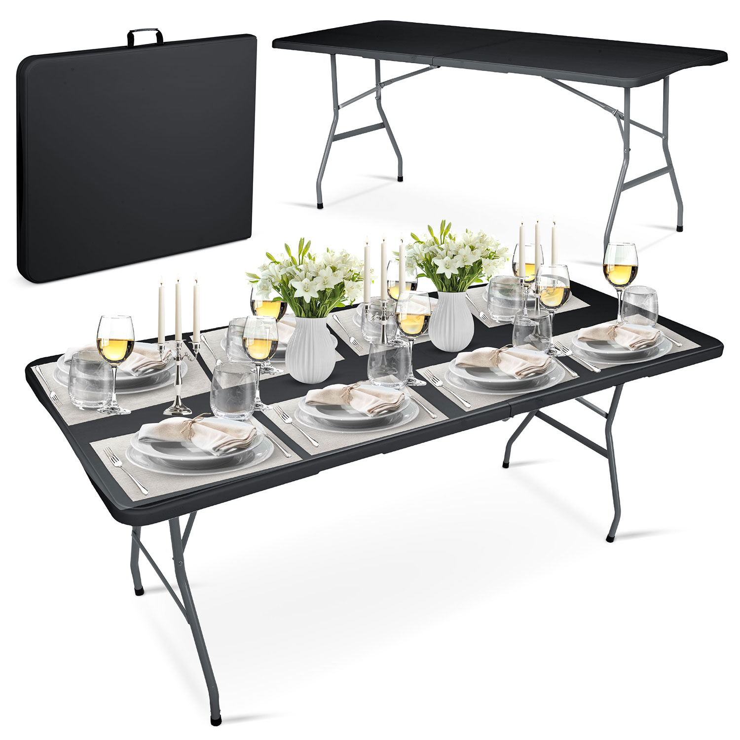 Kokoontaitettava puutarhapöytä tarjoilukäyttöön 180 cm Plonos musta
