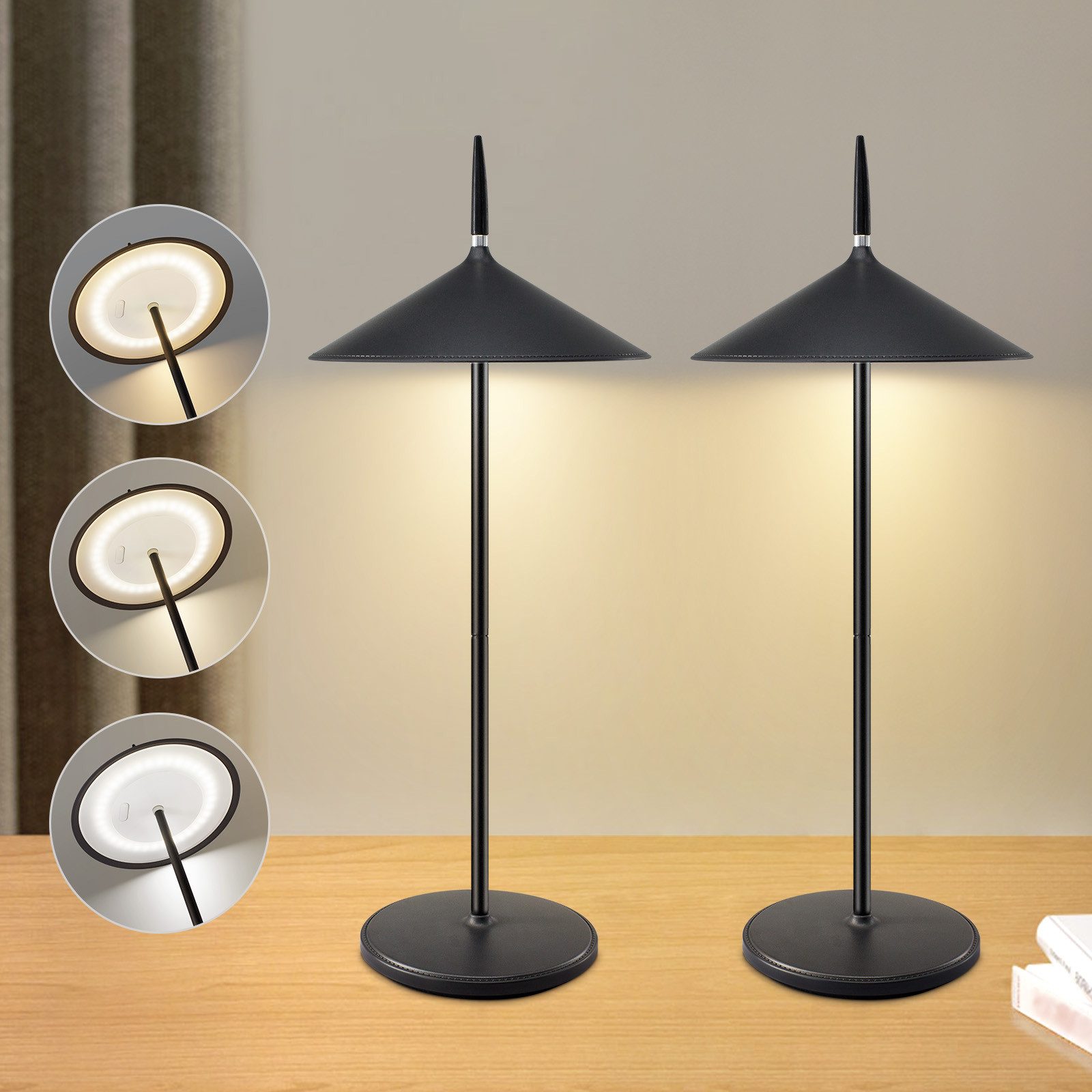 NETTLIFE Langaton Yöpöytävalaisin, 2 kpl, Kosketus, Musta LED, Himmennettävä, 1800 mh A, Ladattava USB:llä, Pysyvästi Integroitu LED, IP44