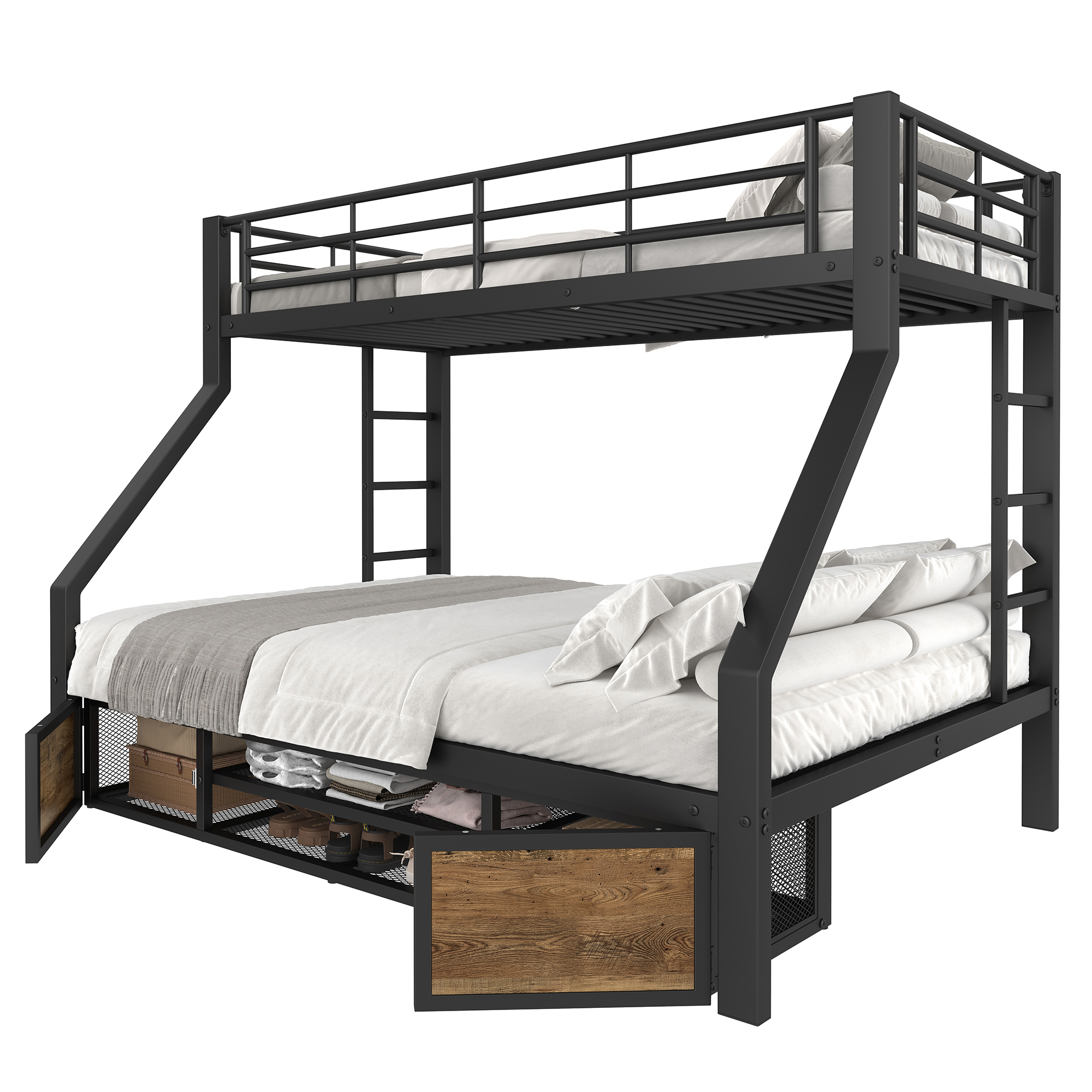 Etagenbett 90x200 cm ja 140x200 cm turva-aidat säilytystila ja laatikot musta metalli ja MDF