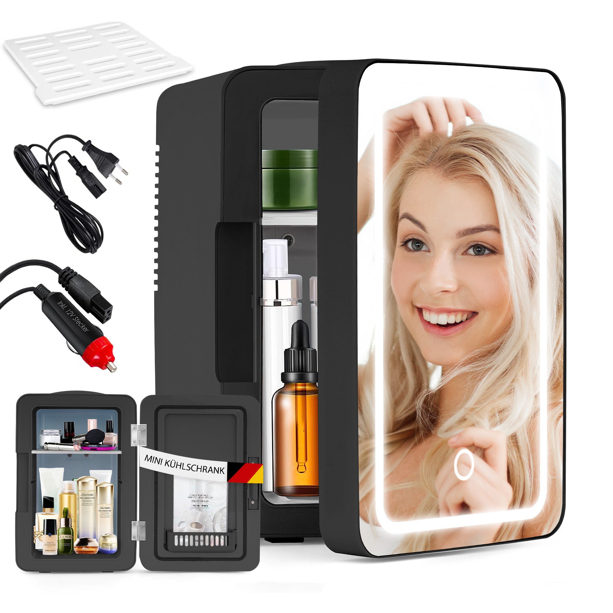 NETTLIFE 6L minijääkaappi - 12V 230V hiljainen pieni jääkaappi peilillä/LED-valaistuksella - Ihonhoitojääkaappi