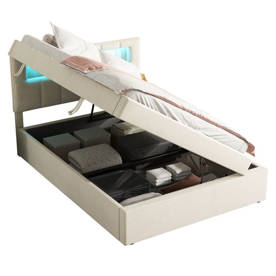 Verhoiltu sänky 90x200 cm, tasainen sänky säilytystilalla ja sängynpäädyllä, beige