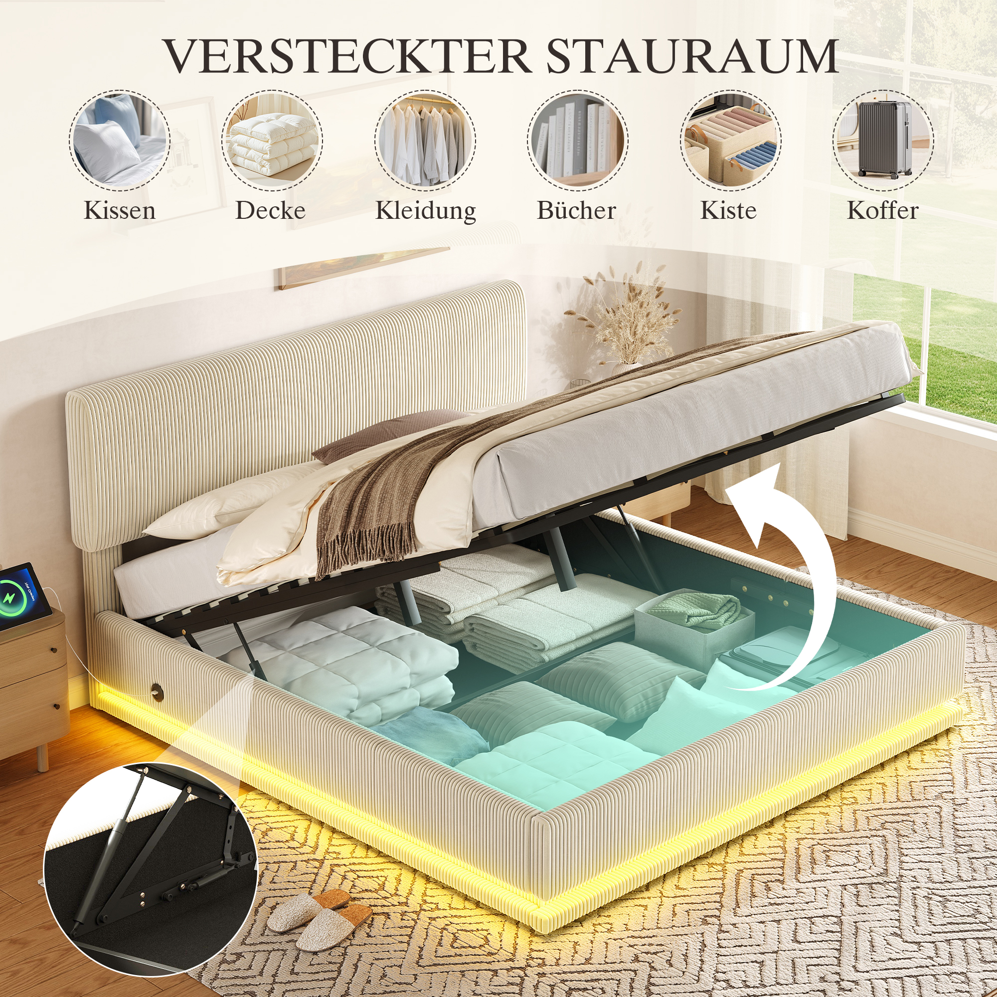 Verhoiltu parisänky 160x200, LED-valoilla ja USB-C-liitännällä, säädettävällä niskatukella, narulla, säleillä, suurella säilytystilalla, beige