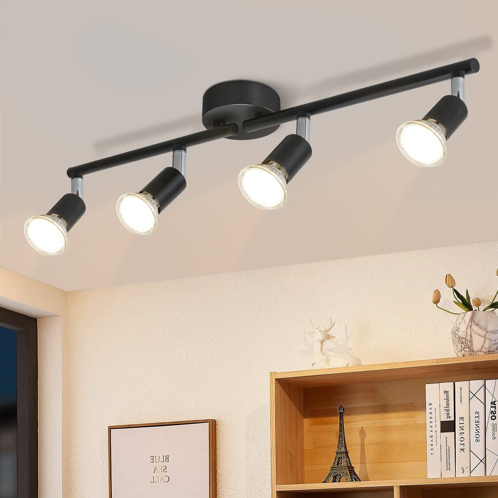 NETTLIFE 4 spotti LED -kattovalaisin musta GU10, kääntyvä 330° moderni teollisuusvalaisin