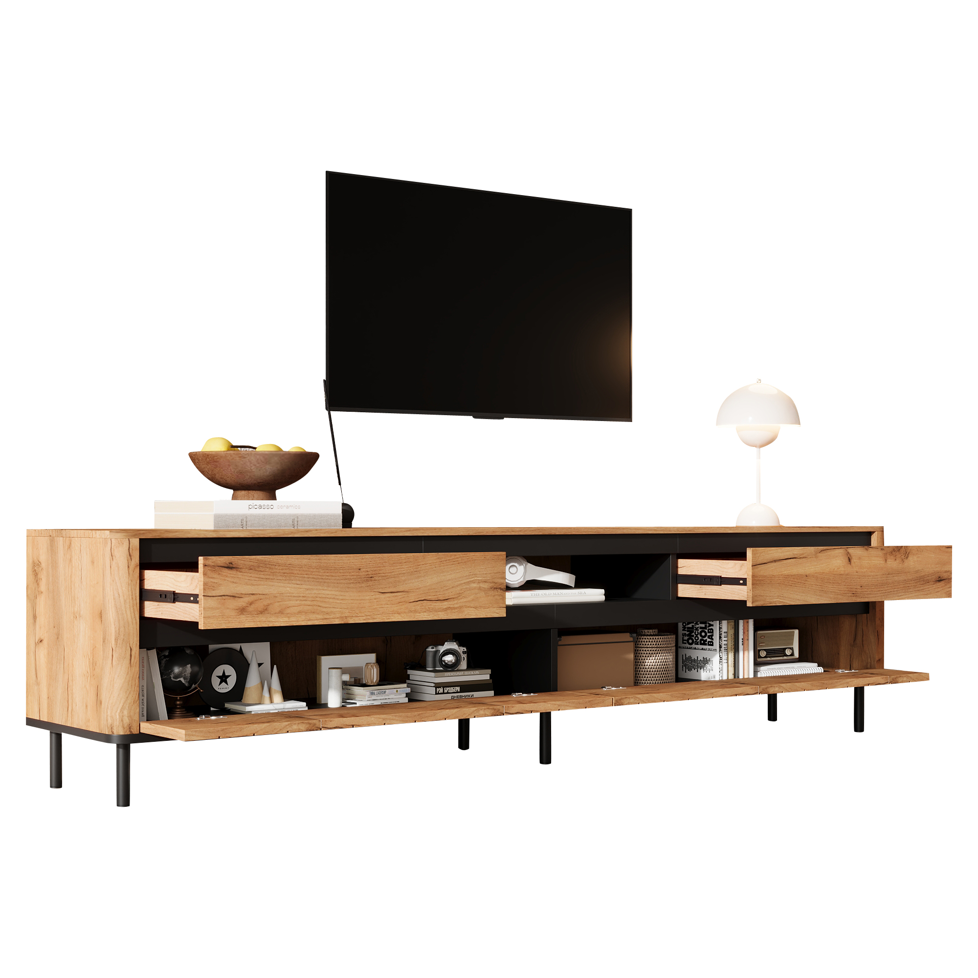 TV-taso 180x40x52 cm musta ja luonnonpuu MDF säilytyksellä ja liukuovilla