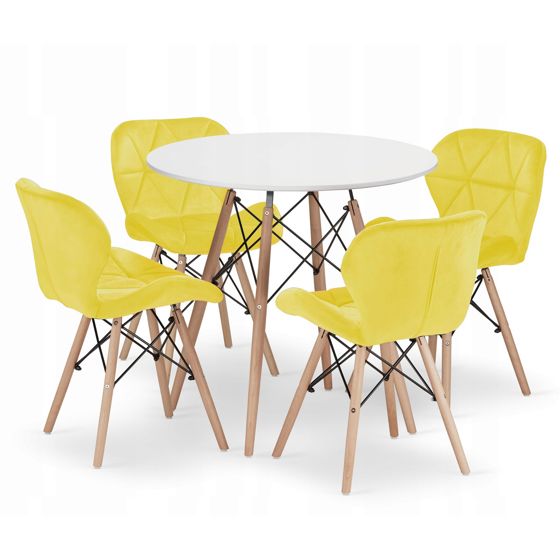TODI 80 pyöreä pöytä, valkoinen 4 LAGO-tuolia, keltainen