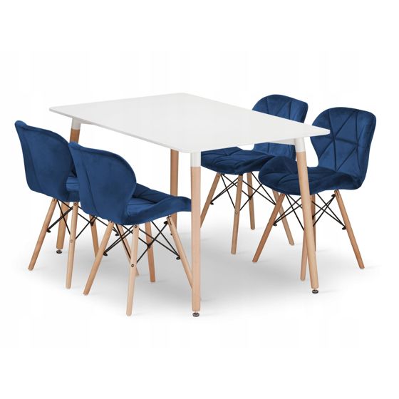 ADRIA suorakulmainen pöytä 120x80, 4 LAGO-tuolia tummansininen, valkoinen