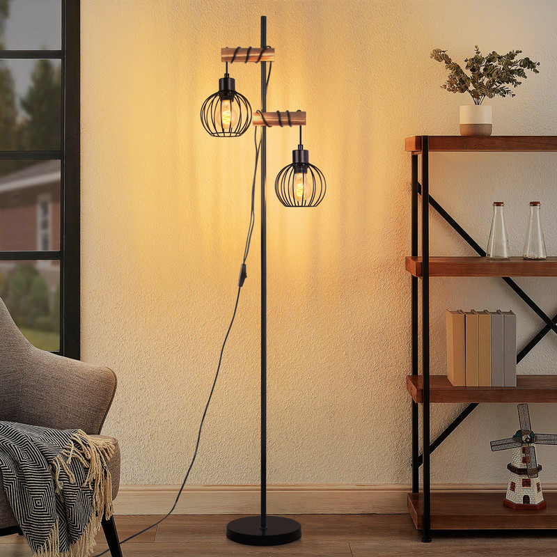 NETTLIFE Musta lattiavalaisin olohuoneen lattiavalaisin puu - vintage-lattiavalaisin 2 metallilamppua kytkimellä E27-kanta 152 cm (ilman lamppua)