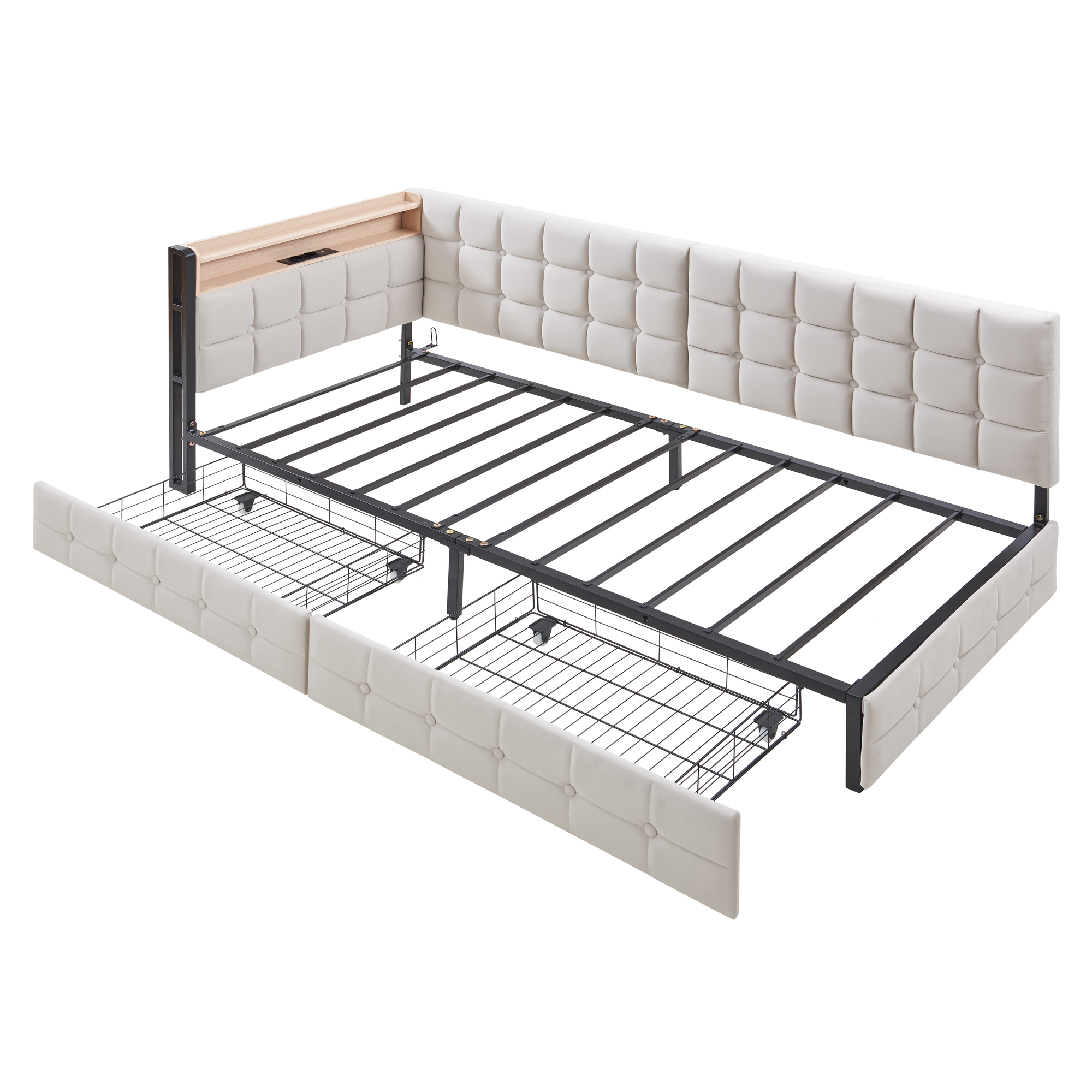 90 x 200cm pehmustettu sängynrunko, kaksi laatikkoa, hiekanvärinen