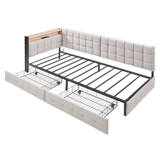 90 x 200cm pehmustettu sängynrunko, kaksi laatikkoa, hiekanvärinen