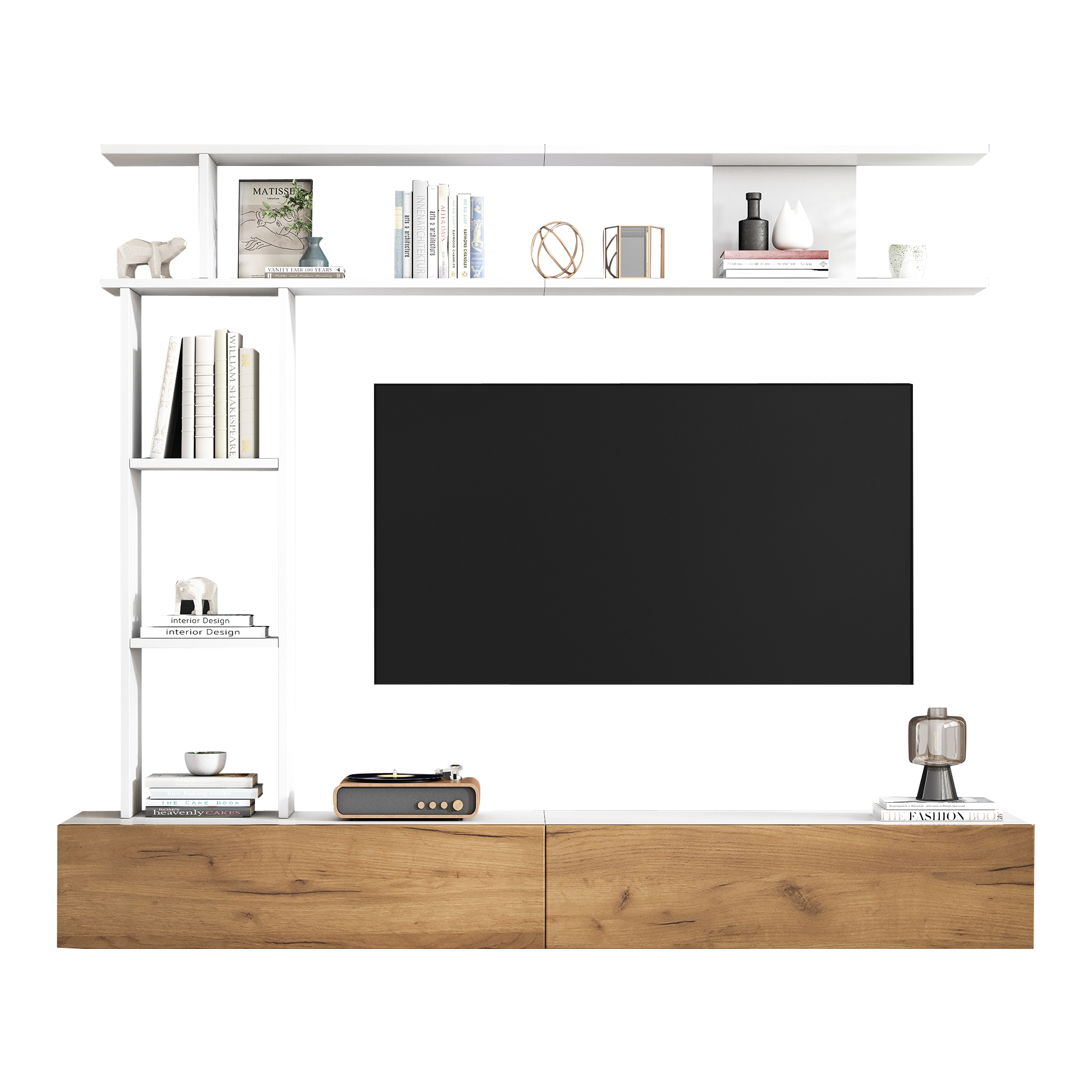 TV-taso säilytyksellä 180x35x22,5 cm valkoinen ja tammen värinen lastulevy
