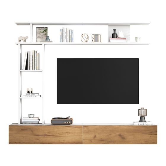 TV-taso säilytyksellä 180x35x22,5 cm valkoinen ja tammen värinen lastulevy
