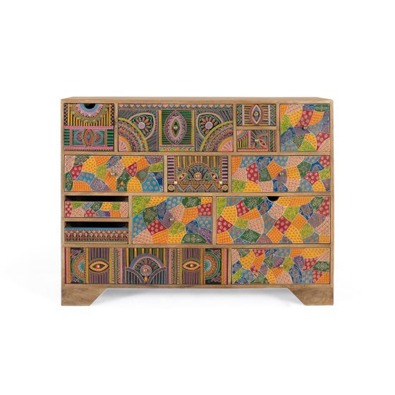 Mangopuusta valmistettu lipasto käsinmaalatuin yksityiskohdin, 120 cm