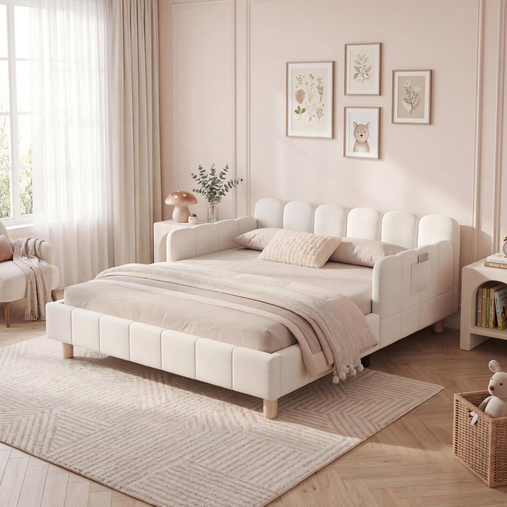 Verhoiltu lastensänky 140x200, sängynpäädyllä ja laidalla, massiivipuujalat, sametti, beige