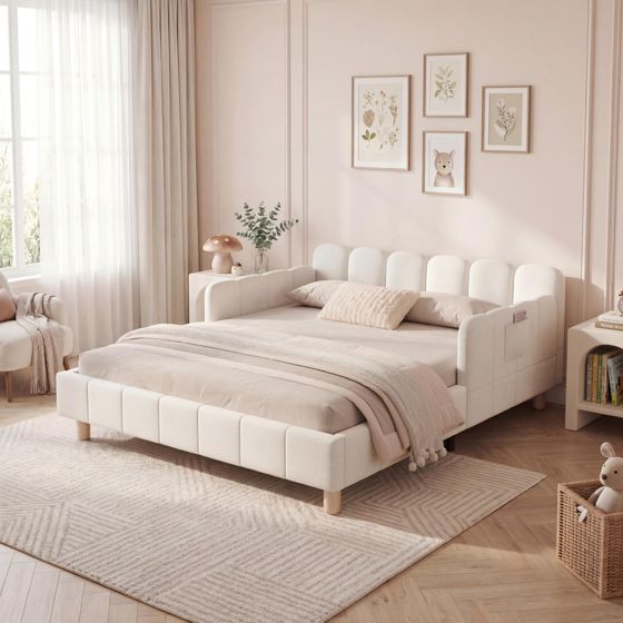 Verhoiltu lastensänky 140x200, sängynpäädyllä ja laidalla, massiivipuujalat, sametti, beige