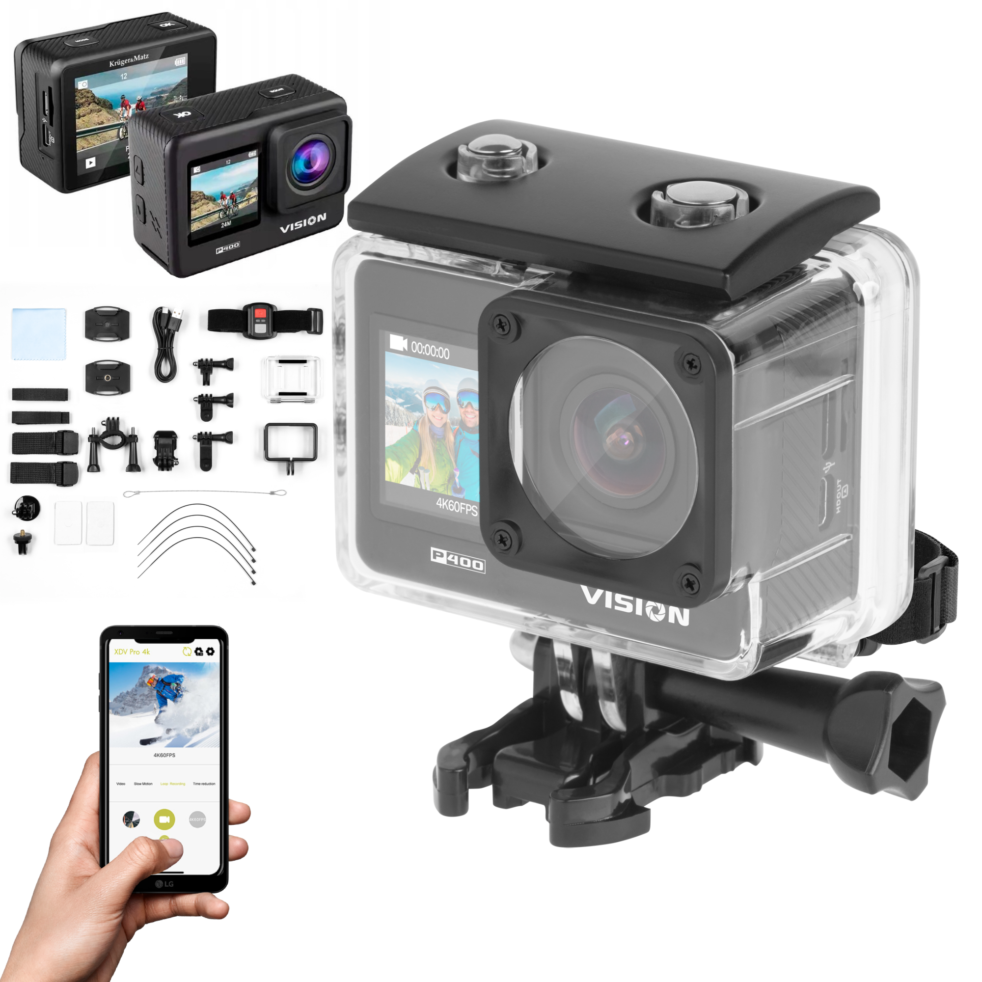 4K 60FPS urheilukamera Kruger&Matz Vision P400 lisävarusteet kaukosäädin