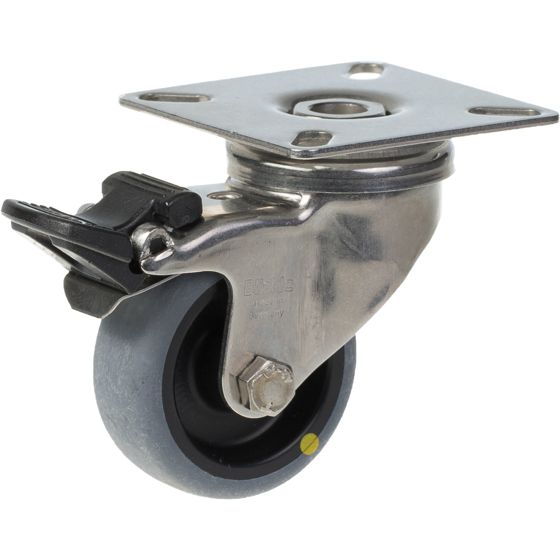 50 mm:n ruostumattomasta teräksestä valmistettu kääntyvä/jarrullinen pyörä, jossa on harmaa sähköä johtava lämpö.