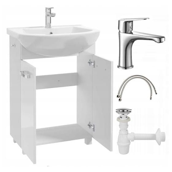 Kylpyhuonekaappi pesualtaalla jaloilla 85x60, seisova, valkoinen Mila, pitkänomainen kromihana