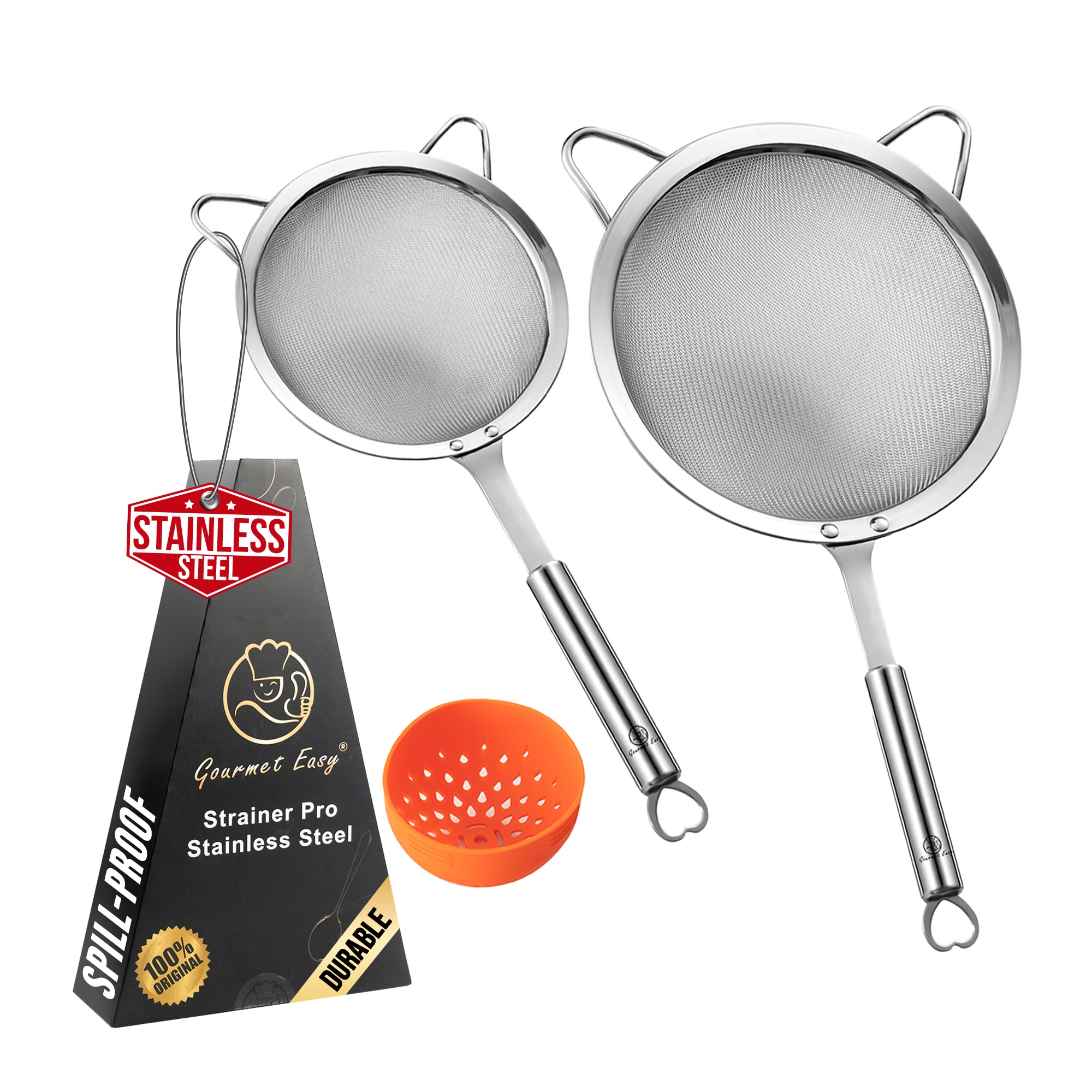 Gourmet Easy Fine Mesh -siiviläsarja, ruostumattomasta teräksestä valmistettu iso riisisuodatin ja pieni jauhosiivilä, bonustölkkisiivilä