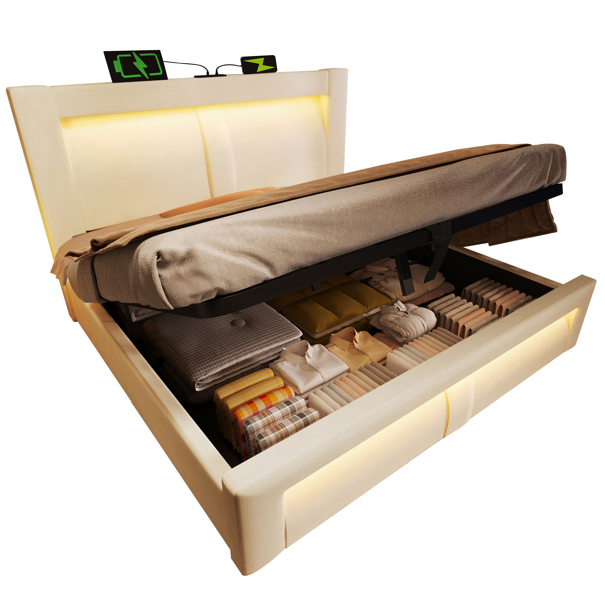 sänky 180x200 cm säilytystila LED-valaistus USB-lataus sametti beige