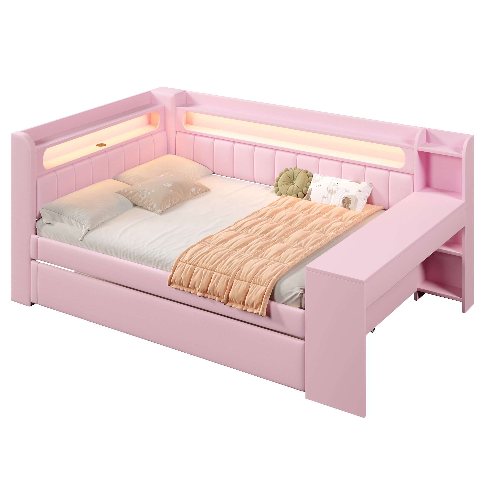 sänky 140x200 cm usb-liitännät led-valaistus laajennettava laatikot pinkki mdf vaneri kangas