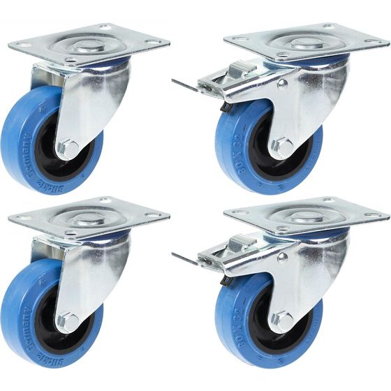 80mm 3" kääntöpyörä sininen kumi ja jarru vahva 560kg kapasiteetti, 4 kpl:n sarja.