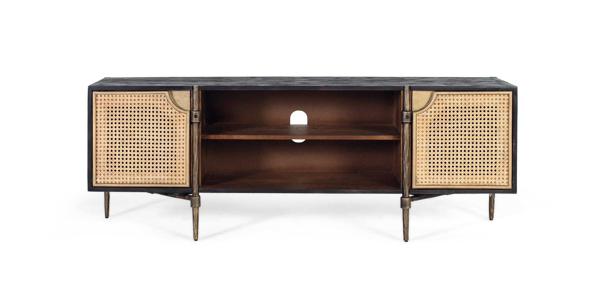 TV-taso mangopuusta, rotting-ovet, pronssiset jalat