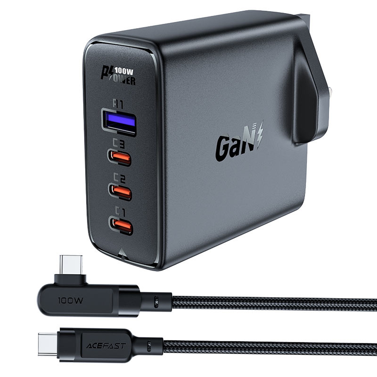 2in1-kaapeli ja pikalaturi GaN UK-pistoke 100W PD 3x USB-C USB musta