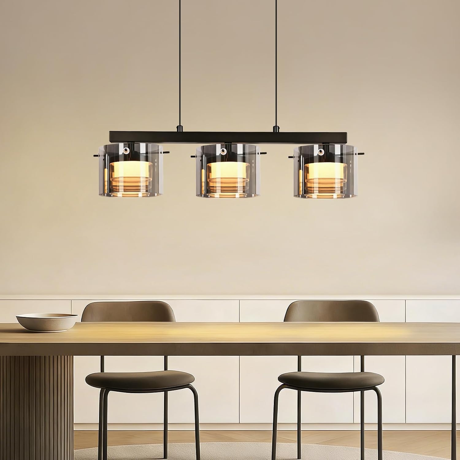 NETTLIFE 3-lamppuinen LED-lasiriippuvalaisin, moderni kattokruunu säädettävällä korkeudella (140 cm) ruokapöydälle, olohuoneeseen, keittiöön