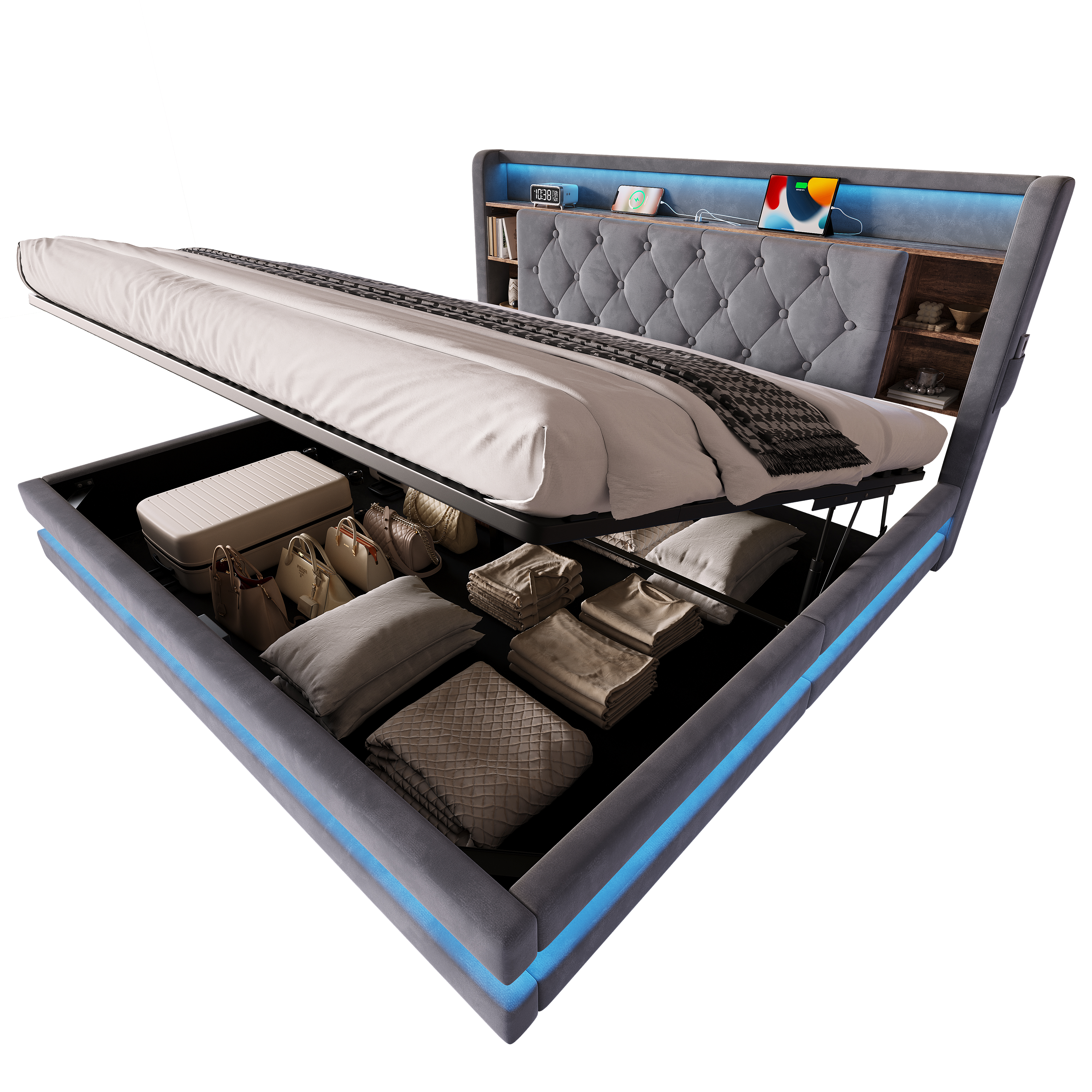 sänky 180x200 cm säilytystila LED-valaistus USB-liitännät hydraulinen sänkyyn tummanharmaa samettia