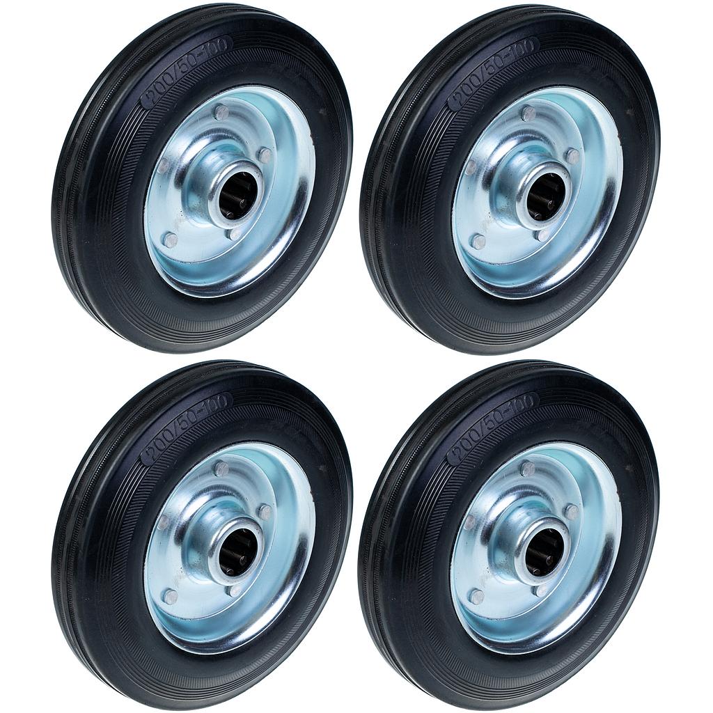 200 mm:n (8 tuuman) musta kumipyörä, puristetusta teräksestä valmistettu keskiö, reiän halkaisija 25 mm, kantavuus 185 kg – 4 kpl:n sarja