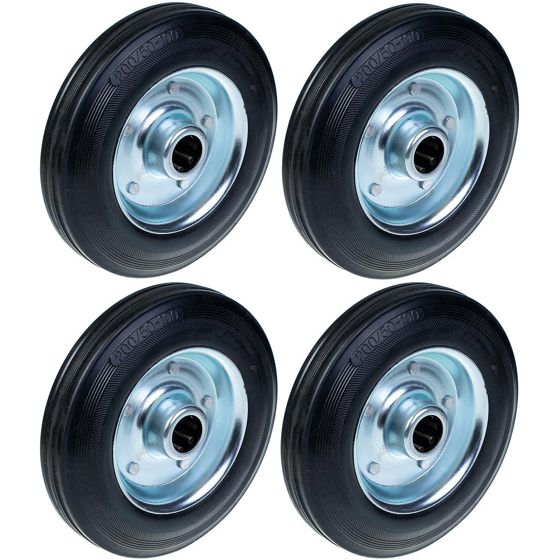 200 mm:n (8 tuuman) musta kumipyörä, puristetusta teräksestä valmistettu keskiö, reiän halkaisija 25 mm, kantavuus 185 kg – 4 kpl:n sarja