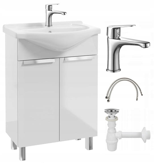 Kylpyhuonekaappi pesualtaalla jaloilla 85x60, seisova, valkoinen Lily, pitkänomainen kromihana