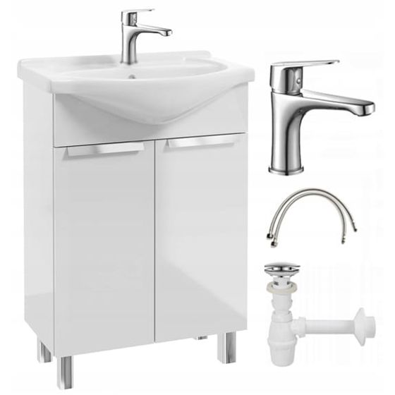 Kylpyhuonekaappi pesualtaalla jaloilla 85x60, seisova, valkoinen Lily, pitkänomainen kromihana