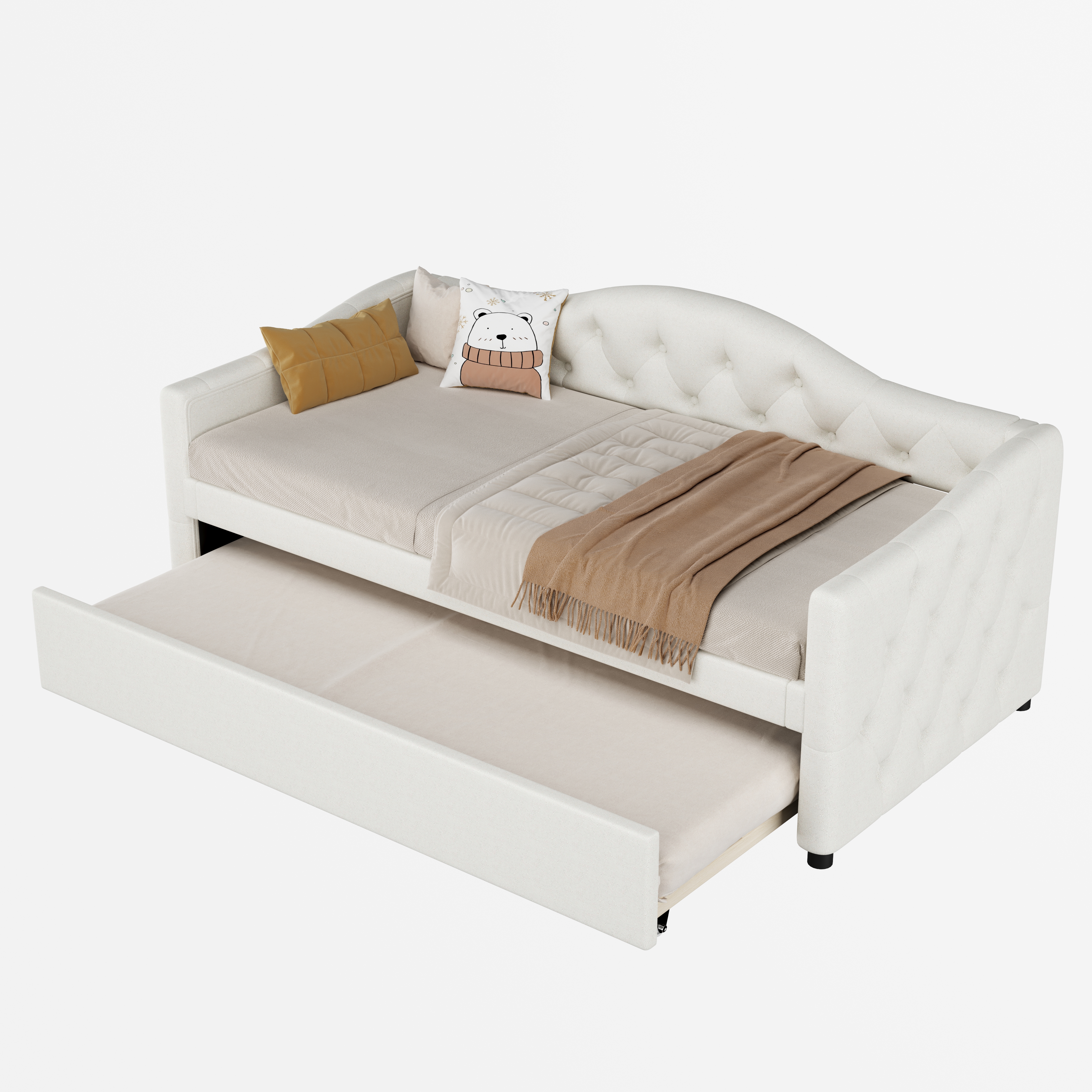 sänky 90x200 cm ulkoisen sänkyosan kanssa, beige, kangas ja MDF