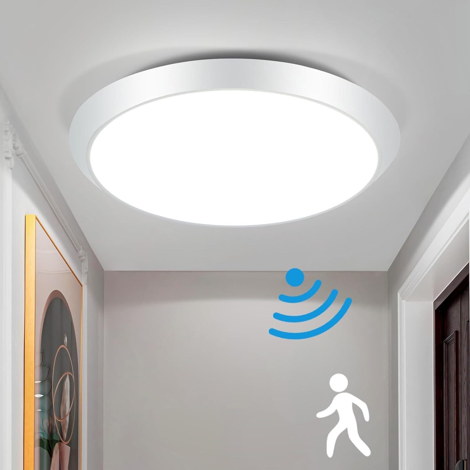NETTLIFE LED - kattovalaisin, pyöreä valkoinen, liiketunnistimella 15W, sisäkäyttöön 4000K, neutraali valkoinen, IP44 porrasvalaisin, 30cm eteiseen