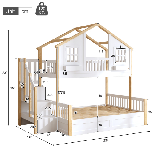 Kerrossänky Cottage 90+90x200, massiivipuuta, putkisto, LED-valot ja portaat säilytystilalla, valkoinen-luonnonvärinen