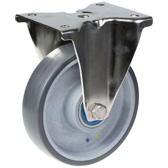 160 mm:n ruostumattomasta teräksestä valmistettu kiinteä pyörä, jossa on harmaa sähköä johtava kestomuovi.