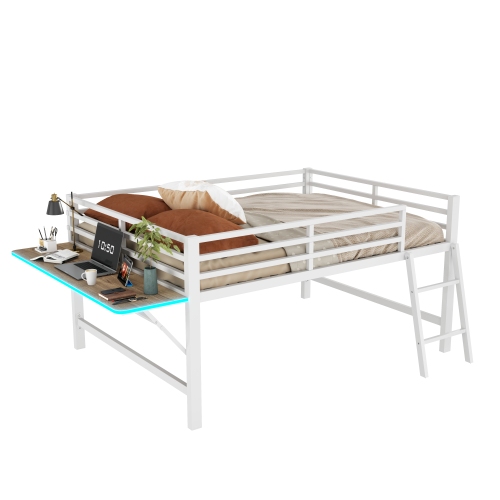 Sänky 140x200, parisänky, metallia, kaiteella, tikkailla, työpöydällä, LED, valkoinen, ilman mattoa