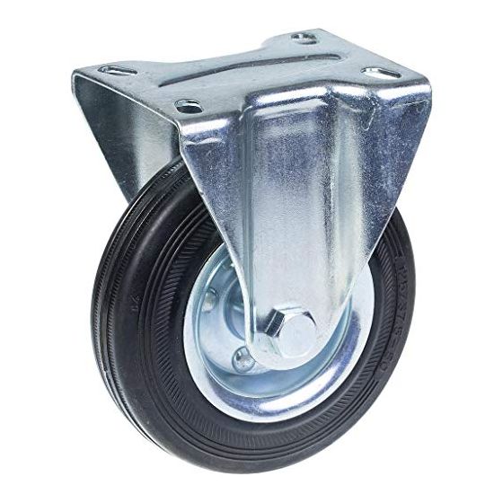 125 mm:n kiinteä pyörä, jossa musta kumi puristetusta teräksestä valmistetulla keskipyörällä