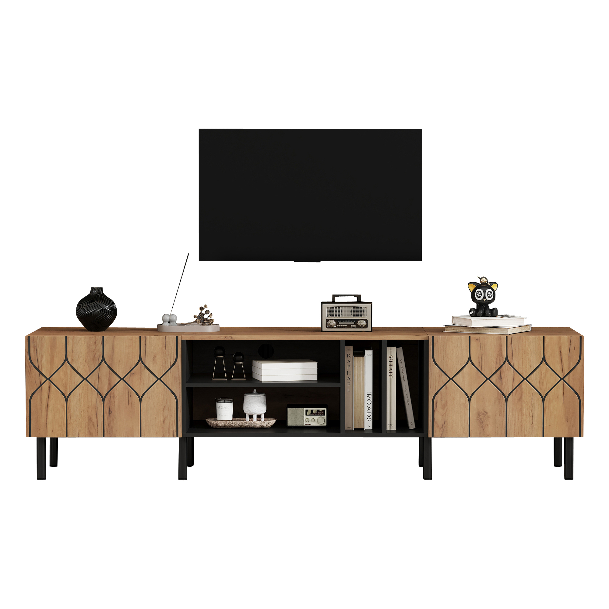 TV-taso säilytyksellä 180x40x50 cm luonnonpuun väri ja musta lastulevy ja MDF
