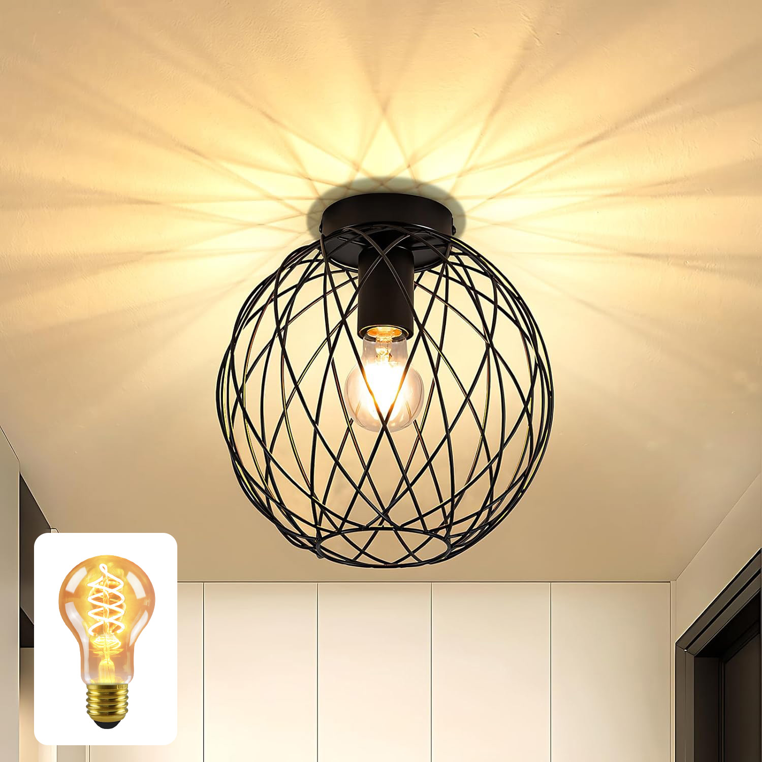 ZMH Vintage musta E27 kattovalaisin eteiseen, retrometallidesign